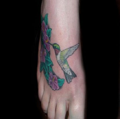 Hummingbird And Flower Pics Tattoo On Feet